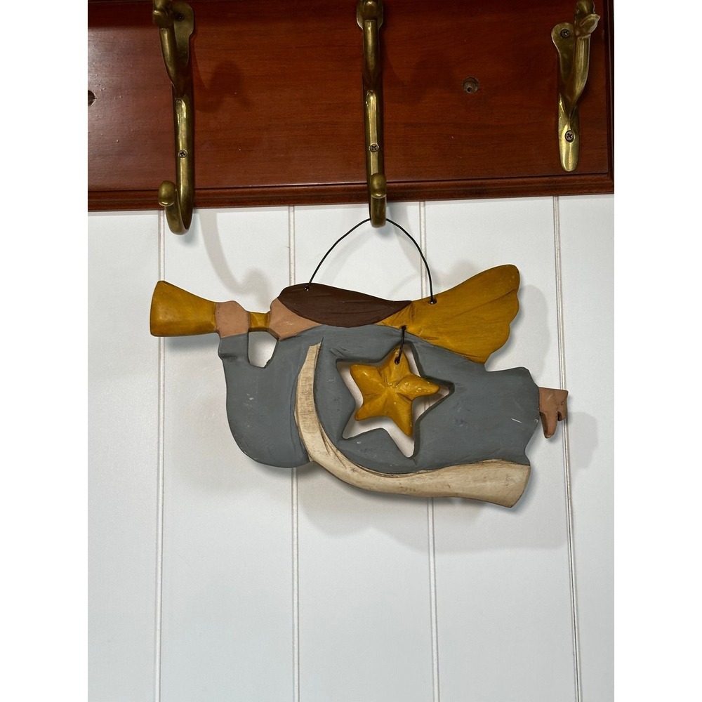 Vintage Folk Art Carved Wood Angel Wall Hanging Trumpet Star Gray Yellow Rustic